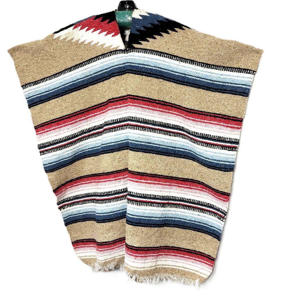 Vtg 90’s Mexican Traditional Tan blue white Stripe Blanket Serape Poncho
